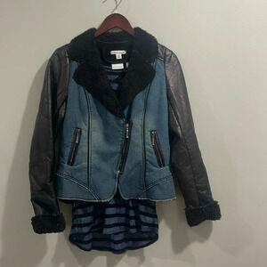 Tribal Jeans Y2K faux shearling pleather moto jacket zip with fur